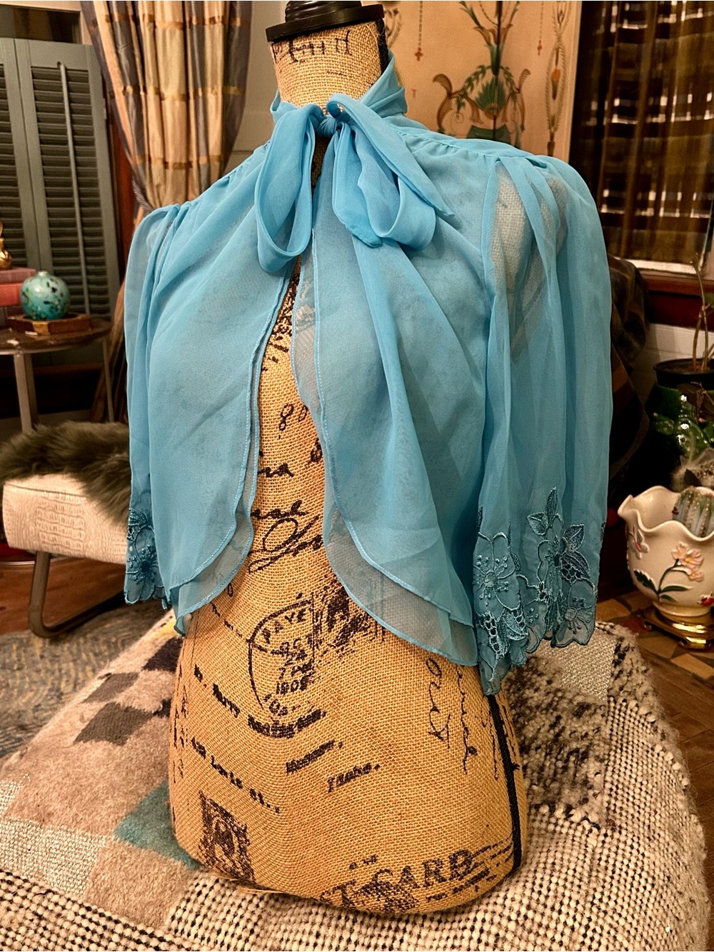 VTG 70s Handmade Sheer Chiffon Capelet Bolero Blouse Blue Bow S/M